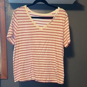 Old Navy Red and White Striped V-Neck Tee